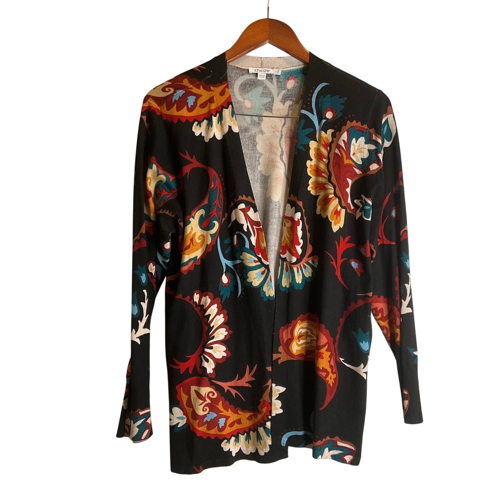 Chico's Floral Paisly Open Cardigan Fall Autum Transitional Lightweight Sweater